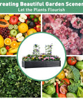 Tall 8x4x1.5 Ft Metal Raised Garden Bed Kit with flowers and tomato cages surrounded by fruits, flowers, and vegetables