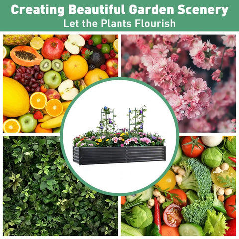 Tall 8x4x1.5 Ft Metal Raised Garden Bed Kit with flowers and tomato cages surrounded by fruits, flowers, and vegetables