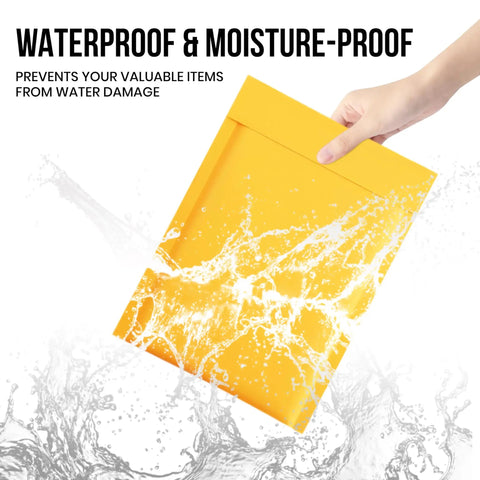 Hand holding Go-To 8.5 X 12 Inch Kraft Bubble Mailers 10 Pack, water splashing, showcasing waterproof feature and tamperproof seal.