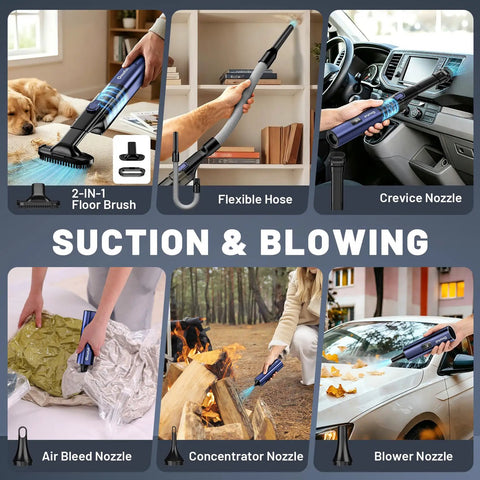4 In 1 Cordless Car Vacuum, Portable Handheld Vacuum Cleaner And Air Duster With Multi Nozzles, 19500 Pa Suction in use.