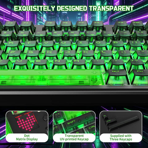 TKL Wireless Mechanical Gaming Keyboard Black Built Different With Massive 10000Mah Battery Smart Dot Matrix Screen and Zero Lag Keys showing green backlit keys.