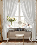 Room with Romantic White Ruffled Curtains With Privacy Light Filtering, Faux Silk Drapes, Two Panels, W50 X L95, vanity and flowers