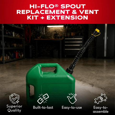 Hi-Flo Industrial Can Spout Replacement with Flexible Nozzle on green can in workshop setting