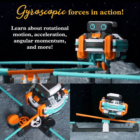 RoboRails Monorail Robot Kit With Gyro Drive And Ball Bearing Balancing System on track demonstrating gyroscopic forces