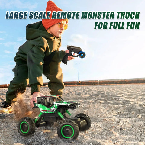 Child playing with One Fourteen Scale Large Off Road Remote Control Monster Truck on sandy terrain, showing 4WD action