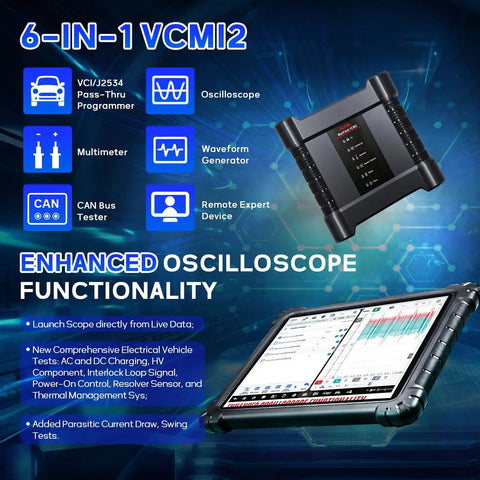 Killer Performance Professional Vehicle Diagnostic Scanner Tablet With Six In One VCMI2 Cable for oscilloscope functionality and tests.