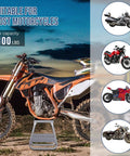 Dirt Bike Stand 1100 Lb Steel Lift for Motocross with non-slip rubber top, shown under dirt bike, sunset background.