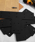 Badass T Shaped Mending Plate Bracket Kit With 56 Screws And Socket For Reinforcing Wood Fence Posts Pergola Beams And Structural Framing Black Four Piece Set, showing black steel plates and screws.