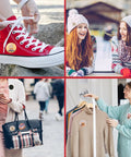 Heavy Duty Metal Button Maker Machine Pro Setup 32MM And 58MM Pin Press Kit shown on shoes and clothing with people wearing badges.