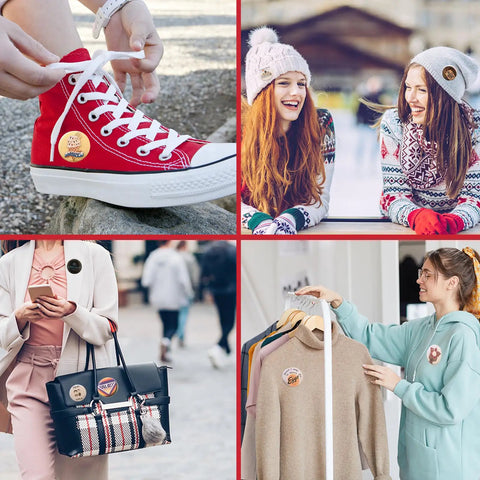 Heavy Duty Metal Button Maker Machine Pro Setup 32MM And 58MM Pin Press Kit shown on shoes and clothing with people wearing badges.