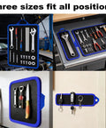 Flexible Magnetic Tool Mat Set With Ergonomic Handles For Bendable Non Slip Organization Of Wrenches Bits And Small Metal Tools Telescoping Magnetic Tool Mat For Mechanics Garage Workshop And Auto Repair Blue shown with tools