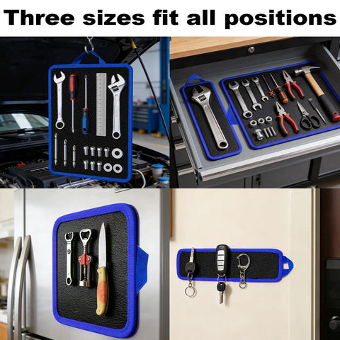 Flexible Magnetic Tool Mat Set With Ergonomic Handles For Bendable Non Slip Organization Of Wrenches Bits And Small Metal Tools Telescoping Magnetic Tool Mat For Mechanics Garage Workshop And Auto Repair Blue shown with tools