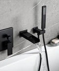 Matte Black Wall Mount Tub Filler Faucet Set With Handheld Shower And Waterfall Spout Solid Brass Single Handle High Flow Rough In Valve Modern Bathtub Fixture For Upgrading Your Spa