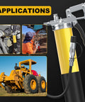 Fantictas grease gun kit, angled view with yellow 8000 PSI cylinder, pistol grip, lock coupler and 18-inch hose
