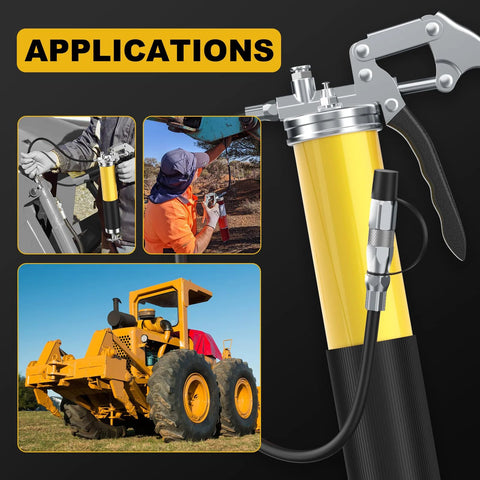 Fantictas grease gun kit, angled view with yellow 8000 PSI cylinder, pistol grip, lock coupler and 18-inch hose