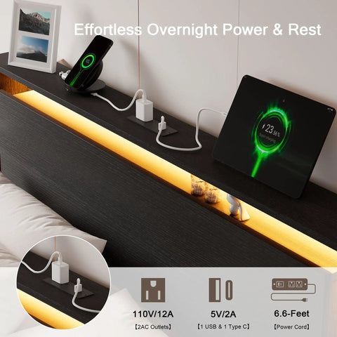 Sick Queen Floating Bed Frame With LED Lights And DC Charging Ports, Built In Storage Headboard power hub with devices charging.
