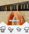 Heavy Duty E Track J Hooks 4.5 Inch Tall 2 Pack For Rail Systems Large Hanging Hooks installed holding cable on plywood wall