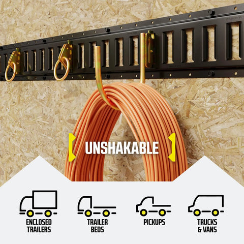 Heavy Duty E Track J Hooks 4.5 Inch Tall 2 Pack For Rail Systems Large Hanging Hooks installed holding cable on plywood wall