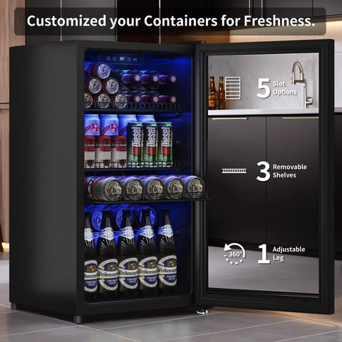 Beverage Fridge With Glass Door, 130 Can Mini Fridge And Wine And Beer Cooler, adjustable shelves, digital display.