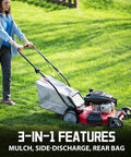 User mowing lawn with Self Propelled 21 Inch Gas Lawn Mower With 170cc OHV Engine, rear-wheel drive, 3 in 1 feature
