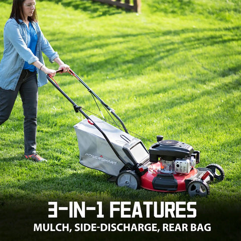 User mowing lawn with Self Propelled 21 Inch Gas Lawn Mower With 170cc OHV Engine, rear-wheel drive, 3 in 1 feature