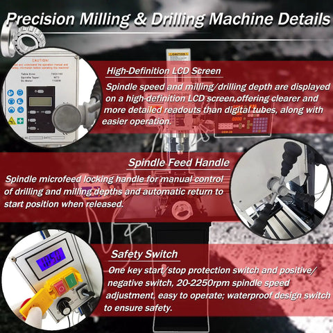 Heavy Hitter Benchtop Milling Machine With 1100W Brushless Motor And 110V Setup detail of high-definition LCD screen and spindle feed handle.