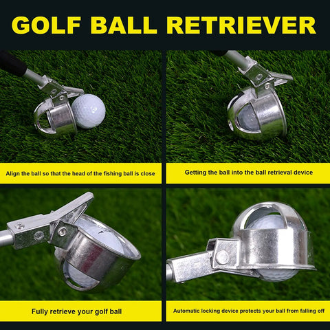 18 Foot Telescopic Golf Ball Retriever with lightweight aluminum shaft, stainless cup, locking hinge in grass demonstration