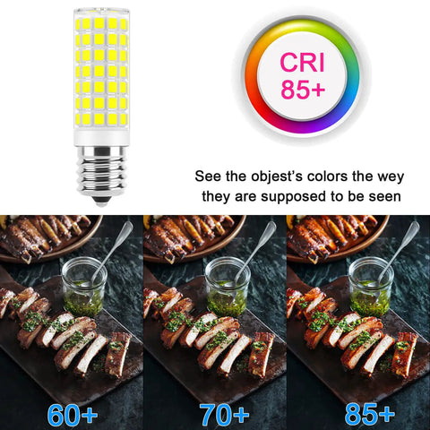 Dimmable E17 LED Microwave Over Stove Bulb 7W 120V 6000K Daylight White Replaces 60W Incandescent, CRI comparison with steak