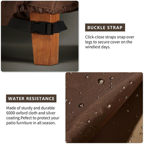 Close-up of brown Outdoor Patio Coffee Table Cover 600D Waterproof Rugged Heavy Duty Table Cover with buckle strap and water resistance.
