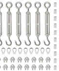 Heavy Duty Wire Rope Kit With 6 Turnbuckles M6 And Eye and Hook, 16 Cable Clamp Clips For One Eighth Inch Rope, 10 Thimbles, Stainless Steel 304 Rigging Set