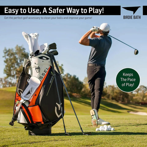 Portable Golf Ball Cleaner for On Course Use attached to golf bag, golfer swinging in background, easy to use durable golf accessory
