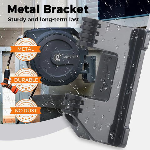 Metal bracket and Retractable Garden Hose Reel One Half Inch By One Hundred Feet Built Tough Heavy Duty with lock in rain