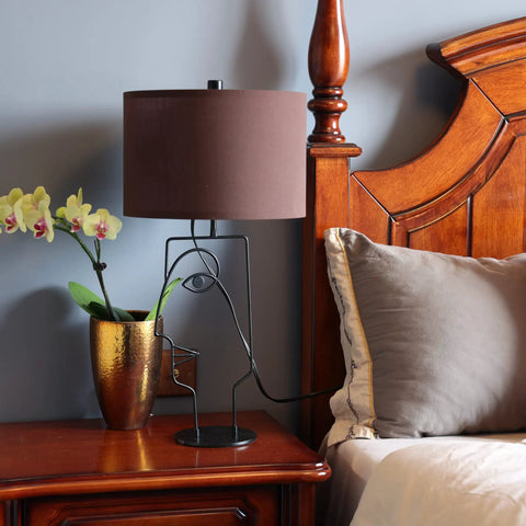Industrial Farmhouse Table Lamps Set Of 2 Black Finish With Brown Fabric Shades for Bedroom