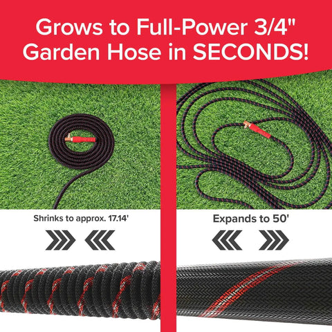 Ballistic 50 Ft Expandable Garden Hose No Kink Flexible Water Hose Expands Up To 3X For Quick Reach 3/4 Inch Inner Diameter Lightweight Compact Self Draining Storage Durable Anti Burst Sleeve As Seen On TV coiled and expanded