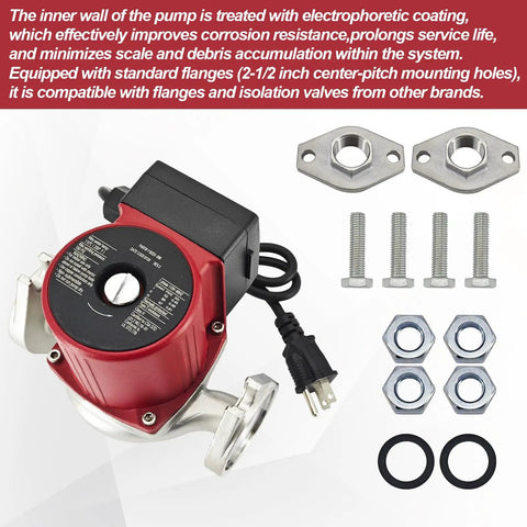 Direct Replacement 110223306 Wet Rotor Circulator Pump with standard flanges, screws, and washers for quick installation.