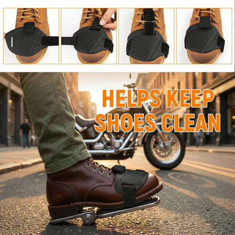 Heavy Duty Rubber Motorcycle Shifter Pad Anti Slip Gear Lever Grip With Adjustable Elastic Strap on a boot for clean shoe protection.