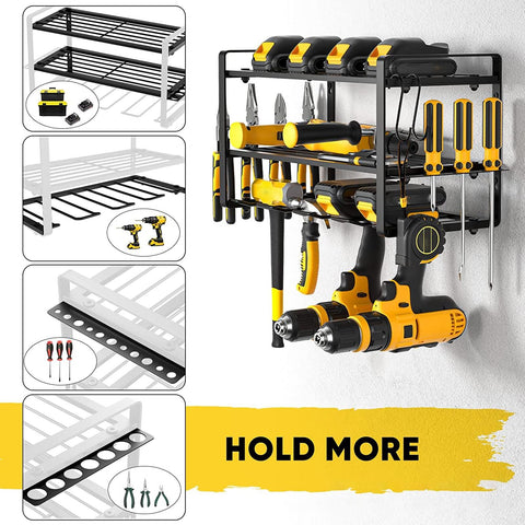 Heavy Duty Wall Mounted Tool Rack Black Iron Power Tool Organizer With Drill Slot And Charging Shelf Built Like A Tank Hammer Plier Storage 150 Lbs Load Bearing Tool mounted with drills and hand tools.