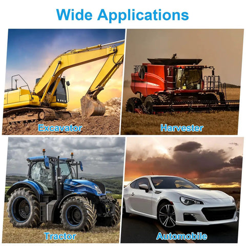 Image showing wide applications of a grease gun tips kit, including excavator, harvester, tractor, and automobile.