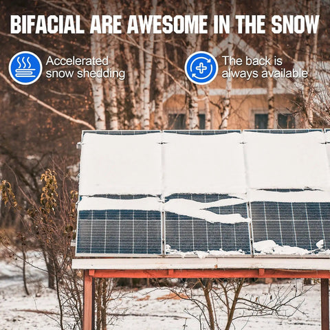 High Efficiency Bifacial Solar Panel Kit 2x100W Monocrystalline showing snow shedding on panels in outdoor setting.