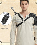 Man wearing 2 In 1 Faux Leather Medieval Shoulder Armor With Back Sword Frog For LARP Cosplay Adjustable Pauldrons And Sword Holster Vintage Style Black Badass Faux Leather Craftsmanship For Authentic Look And Durable Comfort At Battle Or Stage Performances