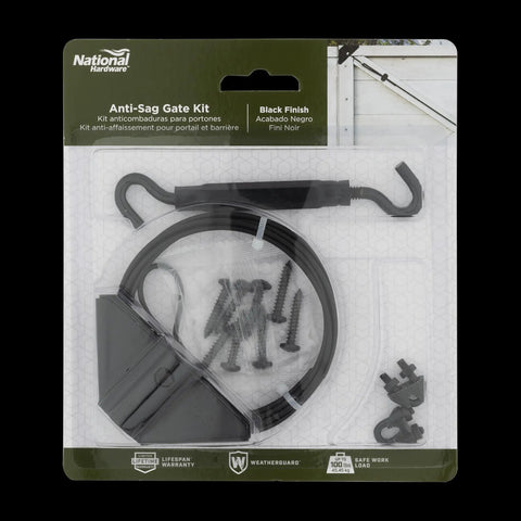 Anti Sag Gate Kit For Exterior Use With WeatherGuard Black Finish Includes Top And Bottom Corner Brackets Cable Clamps Cable Turnbuckle And Mounting Screws in packaging