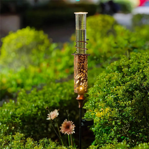 Solar Powered Rain Gauge With LED Night Light Outdoor Garden Stake Decoration 7 Inch Plastic Tube Freeze Proof Copper Metal Finish Brown Yard Gauge for Lawn and Weather Tracking