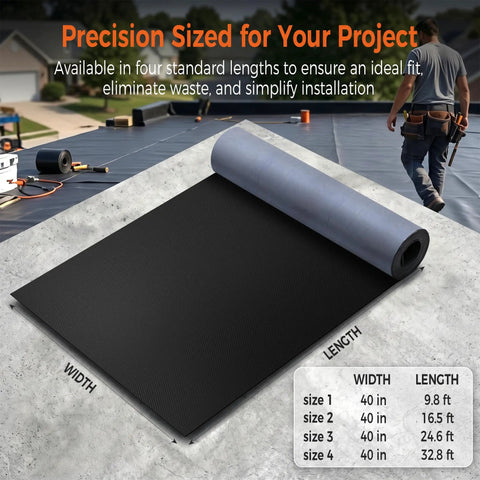 Heavy Duty 50mil EPDM Rubber Roof Membrane Peel And Seal Underlayment Roll laid on flat surface, showing sizes with textured grip.