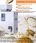 Heavy Duty Automatic Powder Filling Machine And Rock Solid Particle Dispenser For Bulk Flour Grains Seeds Coffee Beans 500g Capacity With Bullseye Accuracy Auto Counting Scale 110v with operating modes and rice.