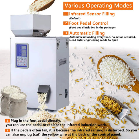 Heavy Duty Automatic Powder Filling Machine And Rock Solid Particle Dispenser For Bulk Flour Grains Seeds Coffee Beans 500g Capacity With Bullseye Accuracy Auto Counting Scale 110v with operating modes and rice.