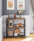 Do It All Kitchen Island With Power Outlet And Storage, 35.4 Inch Long Three Tier Coffee Station And Microwave Stand, Rustic Brown And Black Finish For Home Or Dining Room with toaster, coffee maker, and decor.