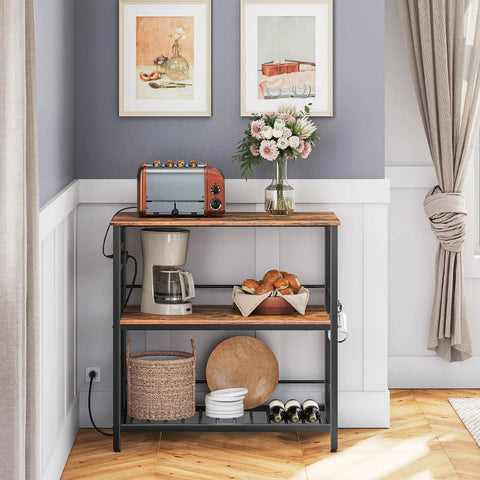 Do It All Kitchen Island With Power Outlet And Storage, 35.4 Inch Long Three Tier Coffee Station And Microwave Stand, Rustic Brown And Black Finish For Home Or Dining Room with toaster, coffee maker, and decor.