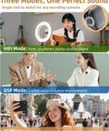 AI Noise Filter Wireless Lavalier Microphone With Charging Case For iPhone 17 And Android, three audio modes displayed.