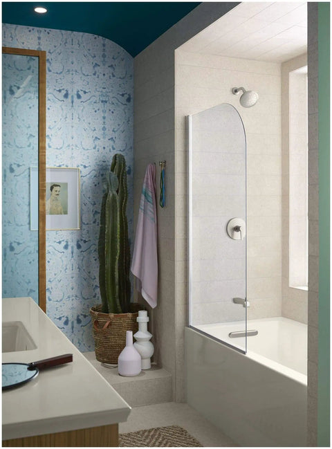 Bathroom with Pitch Bath And Shower Trim Kit With Single Function Showerhead and Diverter Bath Spout in polished chrome visible.