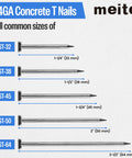 Image showing size comparison of 14 Gauge Concrete T Nails for Pneumatic Nailer Gun, featuring various lengths and specifications.